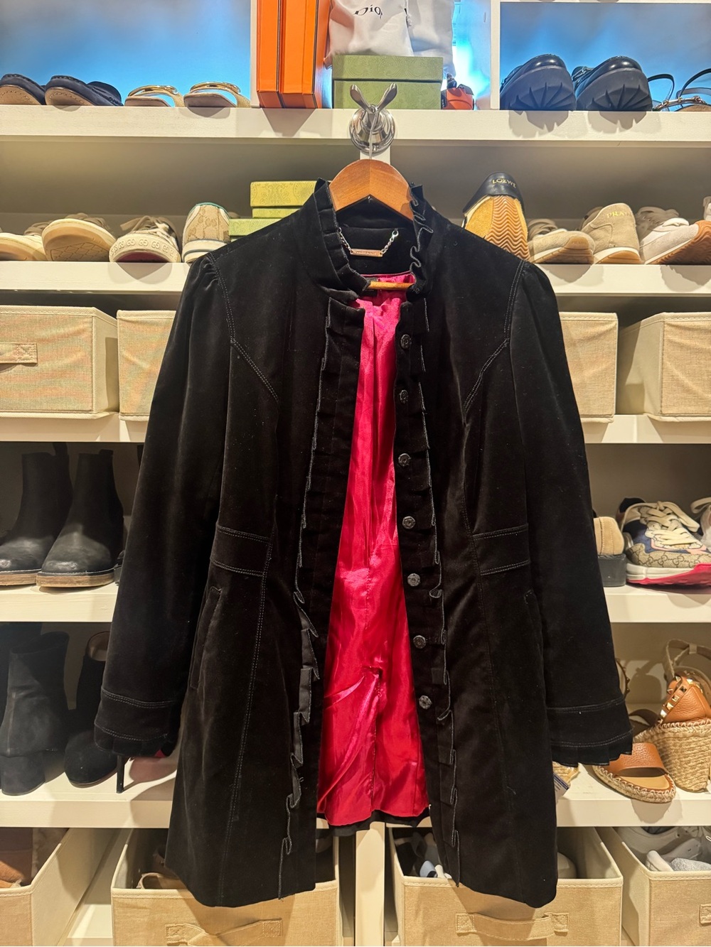 Vintage 2000s White House Black Market Black Velvet Pea Coat with Pink Lining